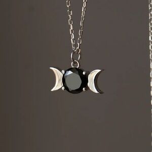 Silver and Black triple  Moon onyx  Pendant Necklace